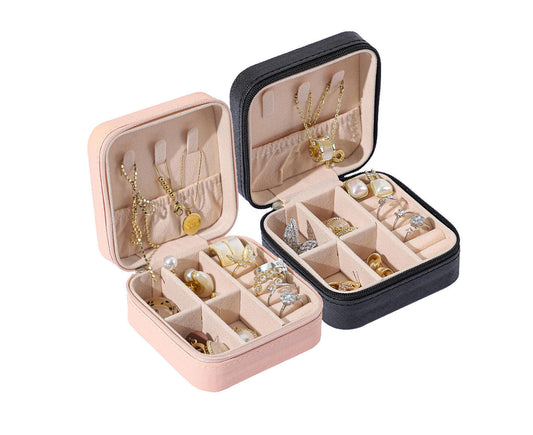 2PCS Portable Travel Jewellery Box Organizer Leather Ornaments Jewelry Case Storage 10*10*5Cm Black+Pink