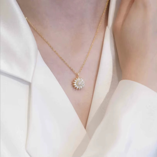 Rotating Sunflower Pendant Necklace for Women Zircon Crystal anti Stress Anxiety Rings Dainty Rotatable Spining Earring Jewelry